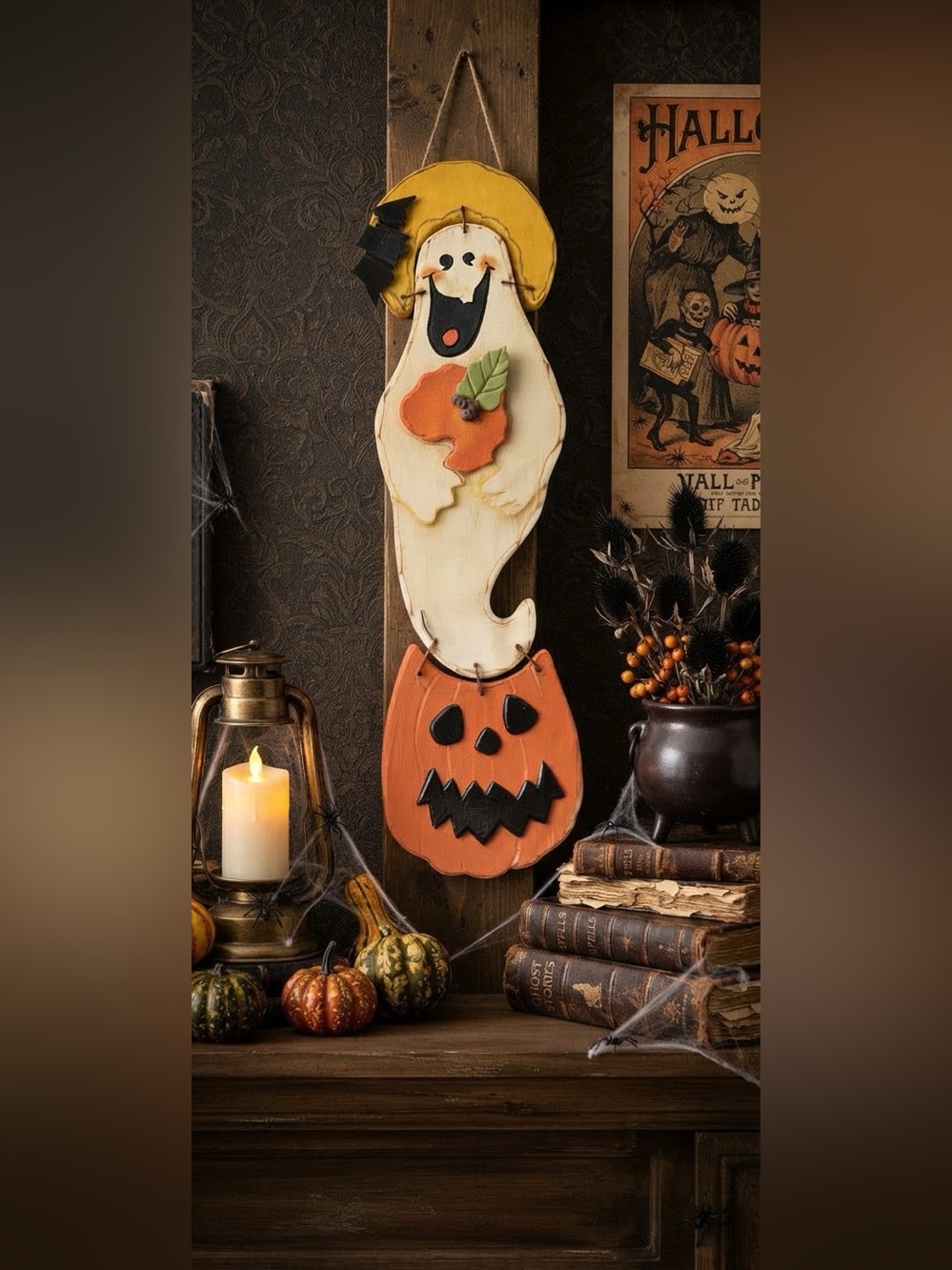 Vintage Halloween Ghost and Pumpkin Wood Wall Hanging - Cream and Orange